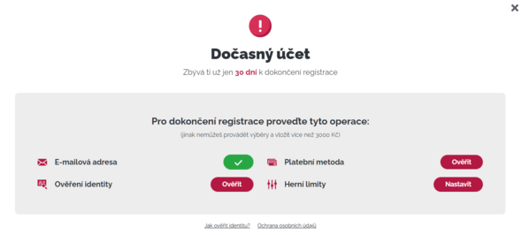 Ověření identity, herní limity, platební metoda