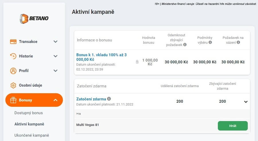 V záložce aktivní kampaně najdete přehled bonusů