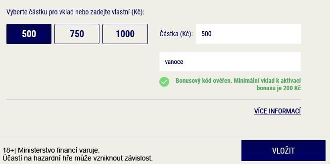 Krok č.3 - zobrazení aktivního bonus kódu u Sazka Her