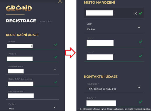 Registrace GrandWin – vyplnění základního formuláře